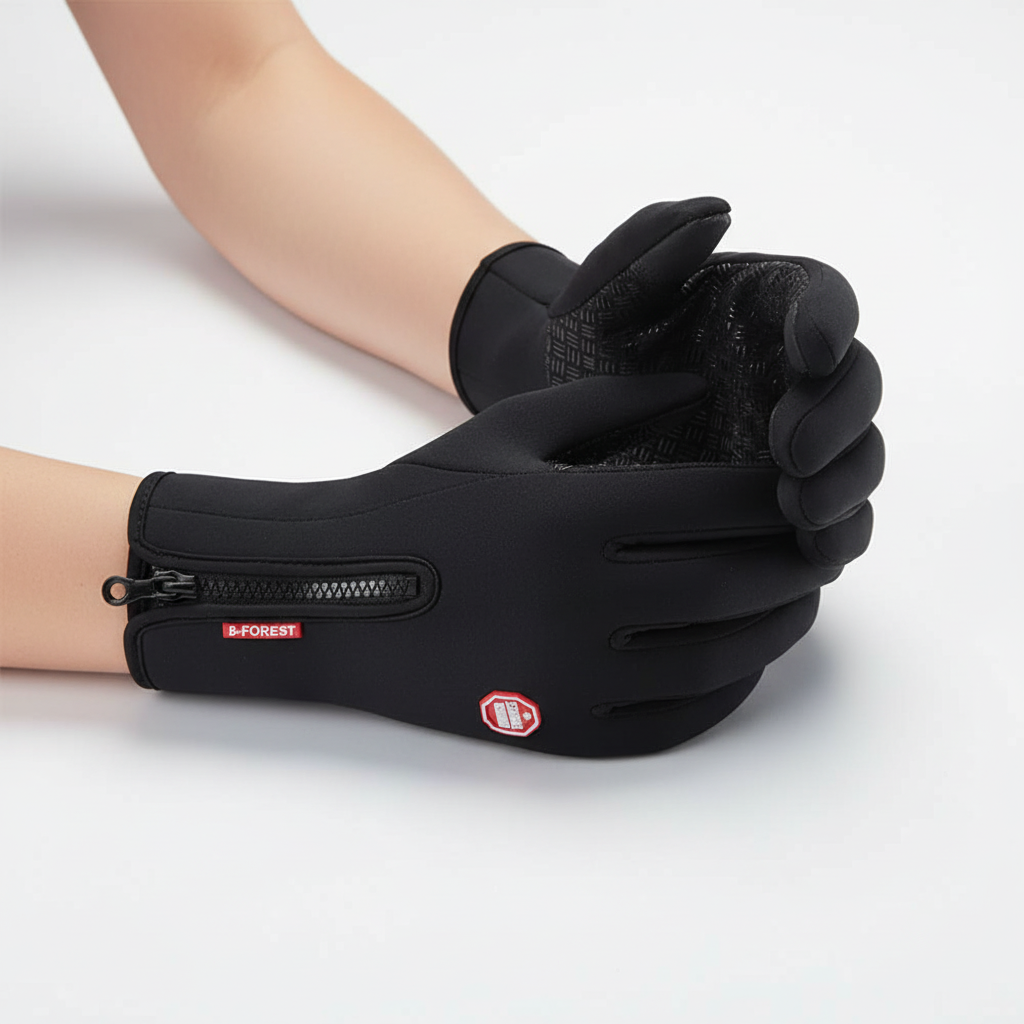Zipper detail on unisex winter gloves, providing secure fit for outdoor gear and sports