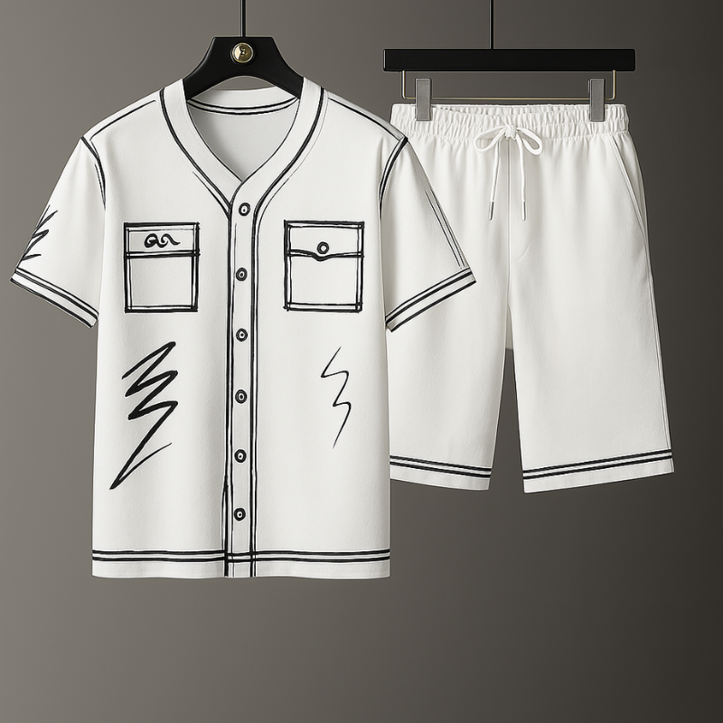 Unisex black & white sketch art streetwear graphic set. Abstract two-piece summer outfit for casual, artistic urban fashion.