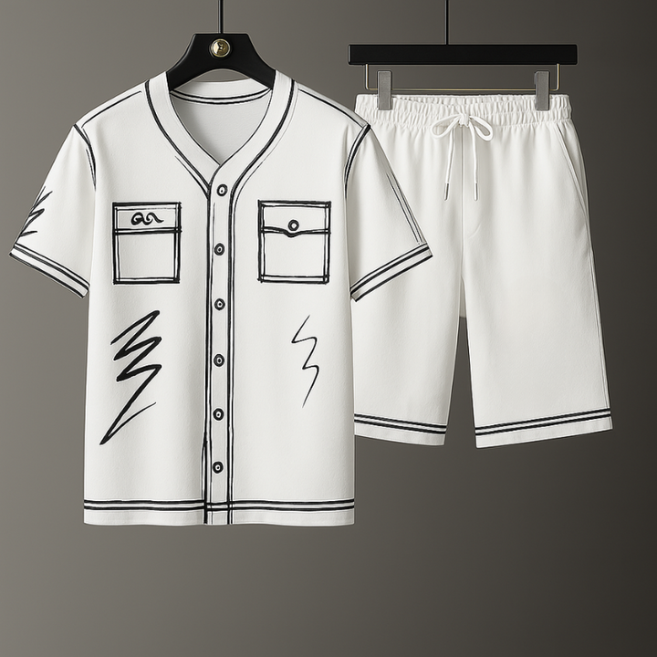 Unisex black & white sketch art streetwear graphic set. Abstract two-piece summer outfit for casual, artistic urban fashion.