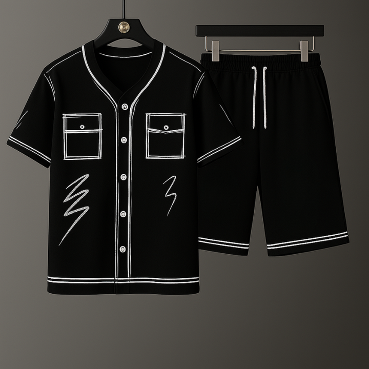 Comfortable unisex sketch art two-piece polyester graphic set. Black & white abstract streetwear for unique summer style.