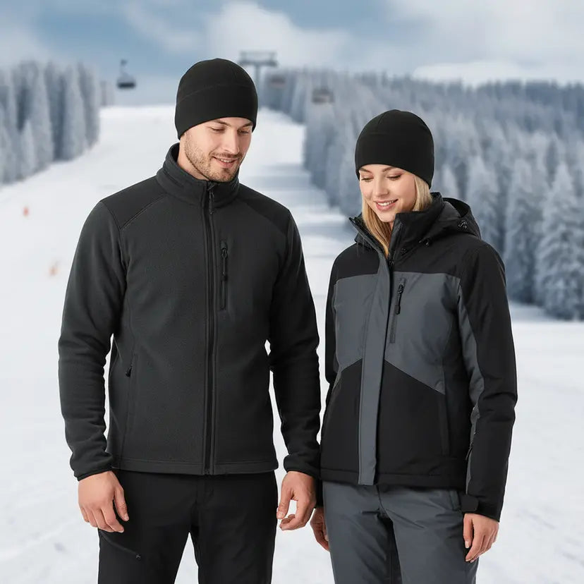 Unisex black windproof fleece beanie, CozyShield, for cold weather outdoor activities