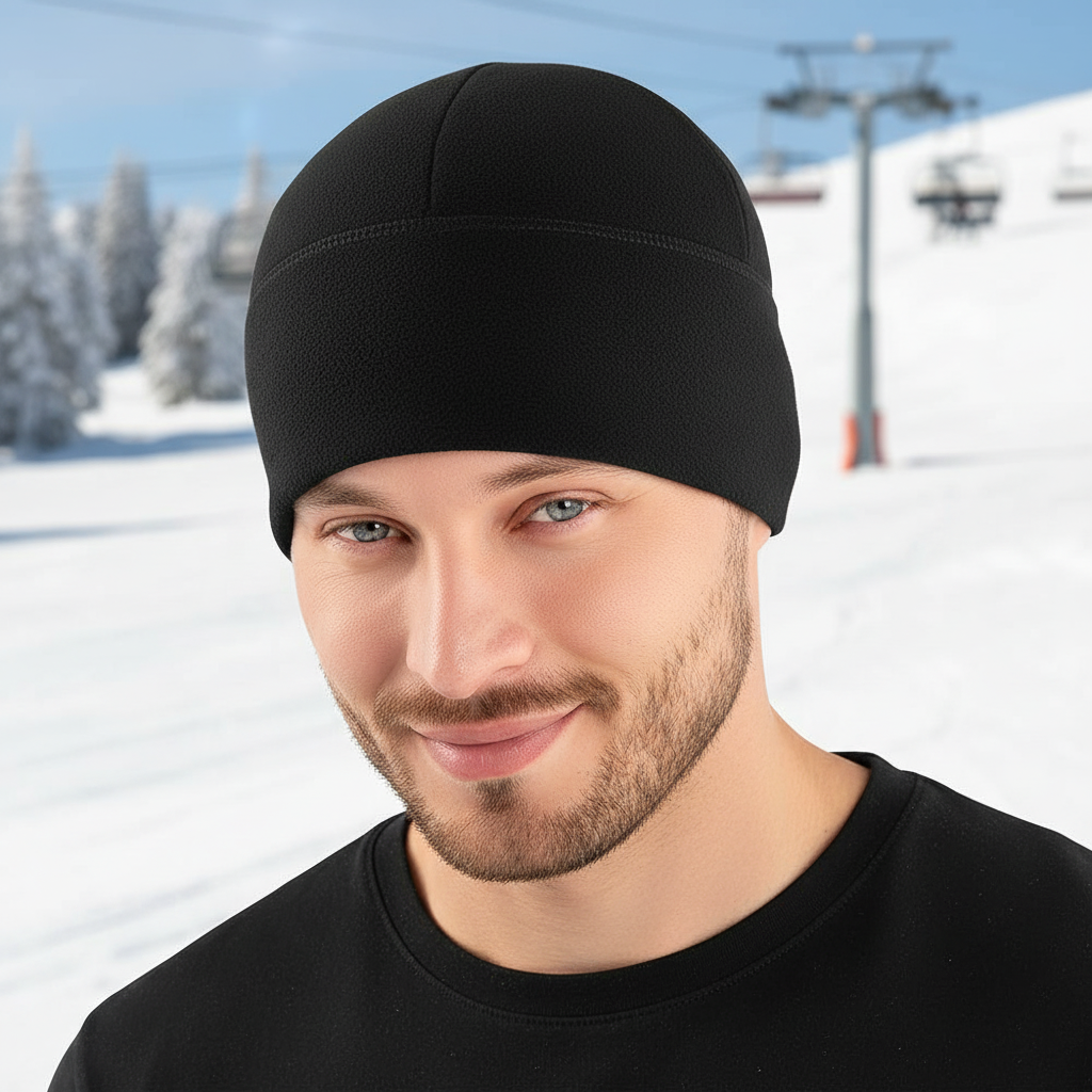 Close-up of CozyShield windproof fleece beanie showing soft texture, ideal for winter