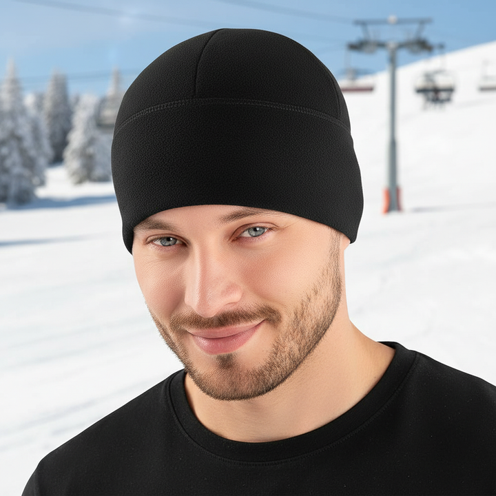 Close-up of CozyShield windproof fleece beanie showing soft texture, ideal for winter