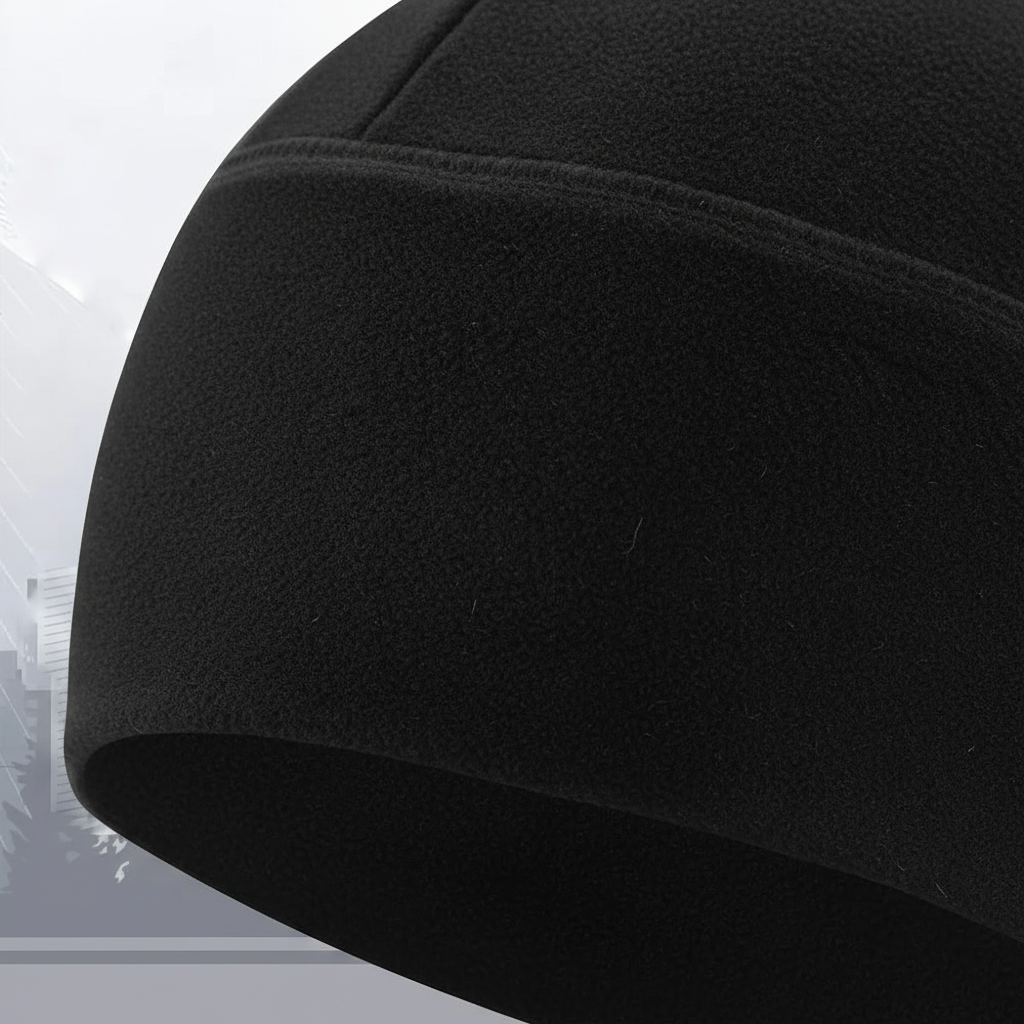 Profile view of a unisex windproof polar fleece beanie, CozyShield, perfect for winter warmth
