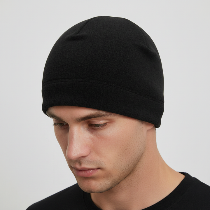 CozyShield windproof fleece beanie in blue, a durable polyester and cotton winter hat