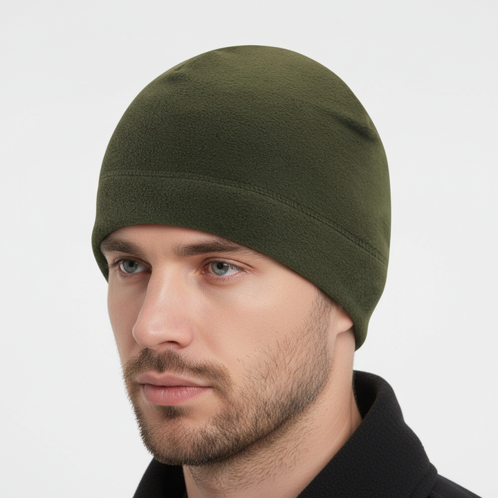 Detail of the windproof material on a CozyShield fleece beanie, essential for cold weather