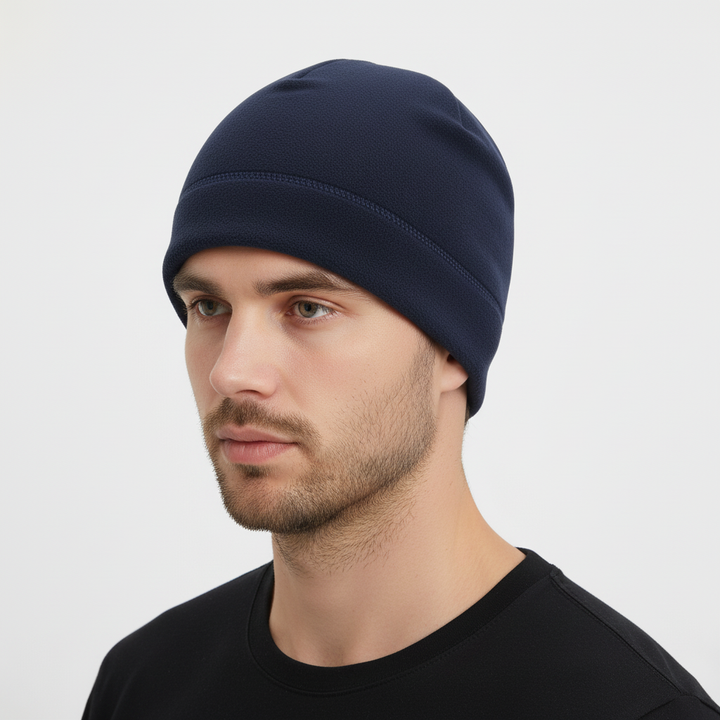 Unisex black fleece beanie modeled, demonstrating snug fit and warmth for winter