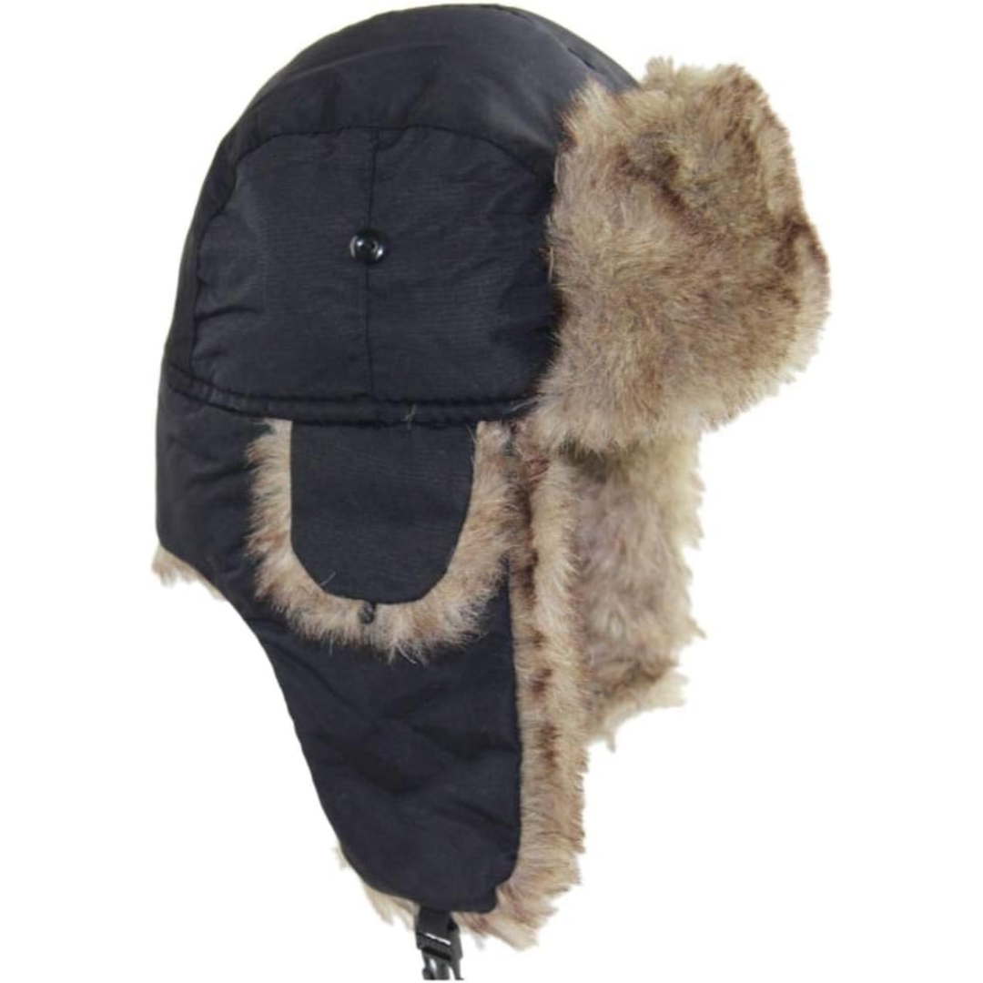 Unisex black windproof winter trapper hat with warm ear flaps for cold weather