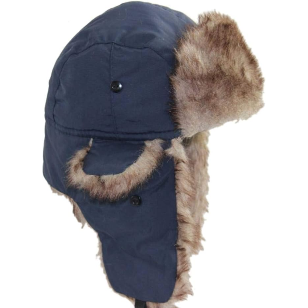 Unisex windproof trapper hat, black, showing ear flaps secured under chin for warmth