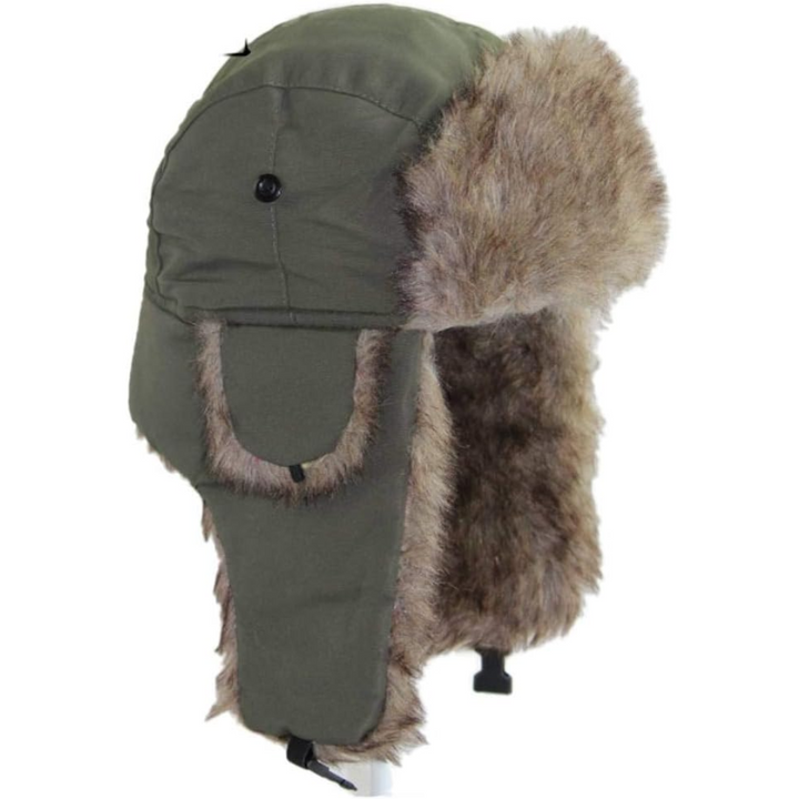 Close-up of a unisex windproof trapper hat, dark blue, highlighting warm ear flaps texture