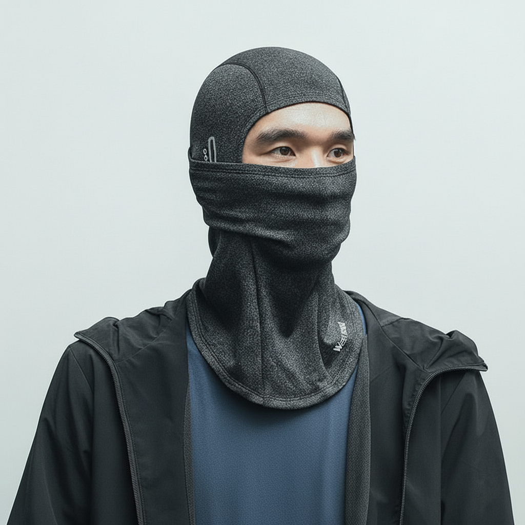 Close-up of BlizzardShield unisex face mask showing soft fleece interior, ideal for cold weather