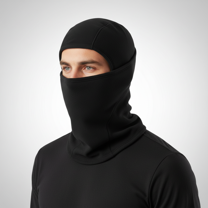 Model wearing black unisex BlizzardShield gaiter as face mask, skiing down a snowy slope