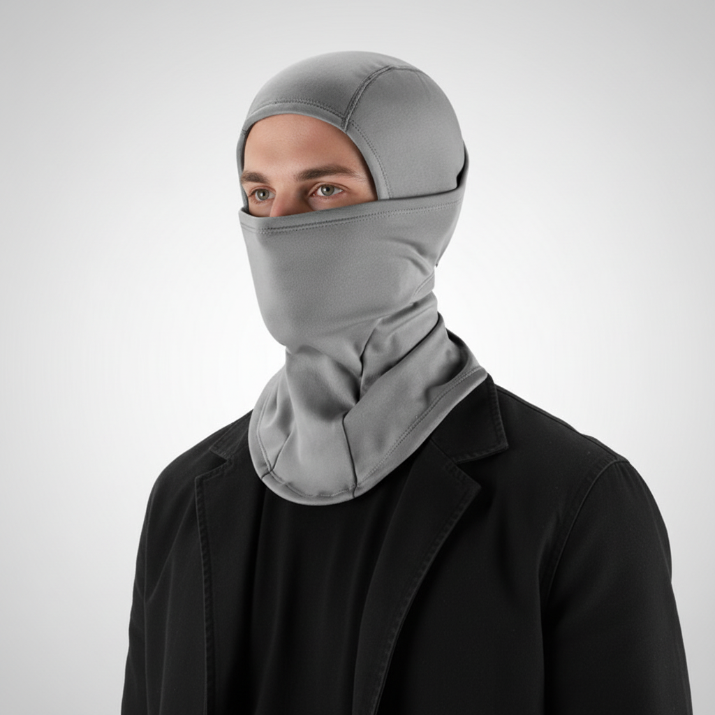 Folded unisex multifunctional gaiter, BlizzardShield, highlighting compact and versatile design