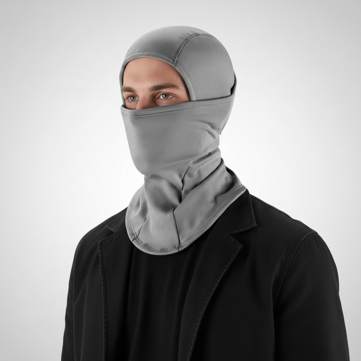 Folded unisex multifunctional gaiter, BlizzardShield, highlighting compact and versatile design