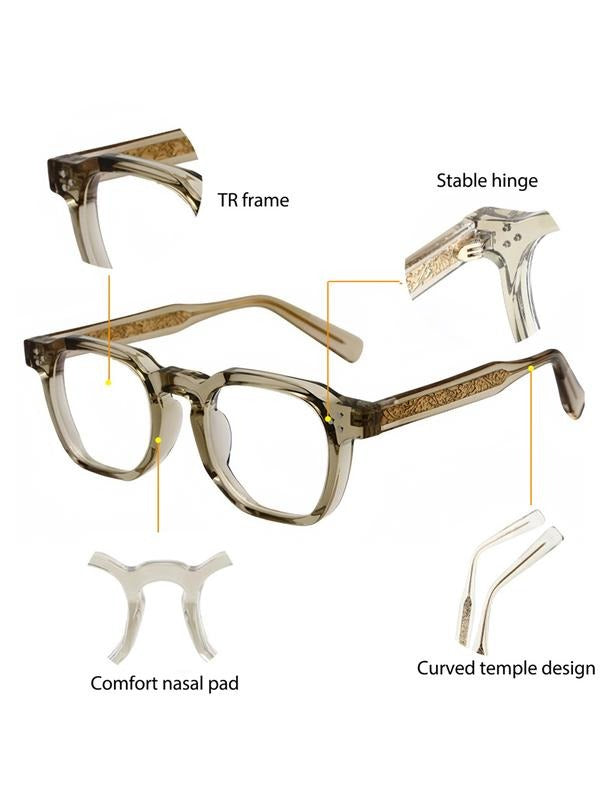 Sleek modern unisex blue light glasses with square frames, offering digital eye strain relief & clear vision.