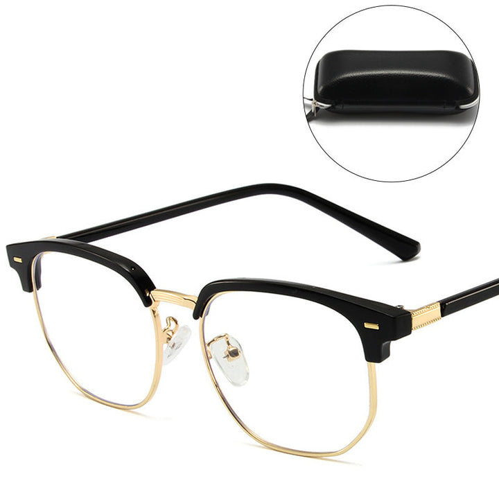 Unisex blue light blocking half-rim glasses, stylish metal frame for digital eye strain relief.