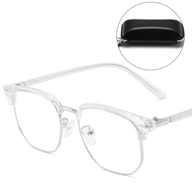 Stylish half-rim blue light blocking glasses for digital eye strain, featuring a unisex metal frame.
