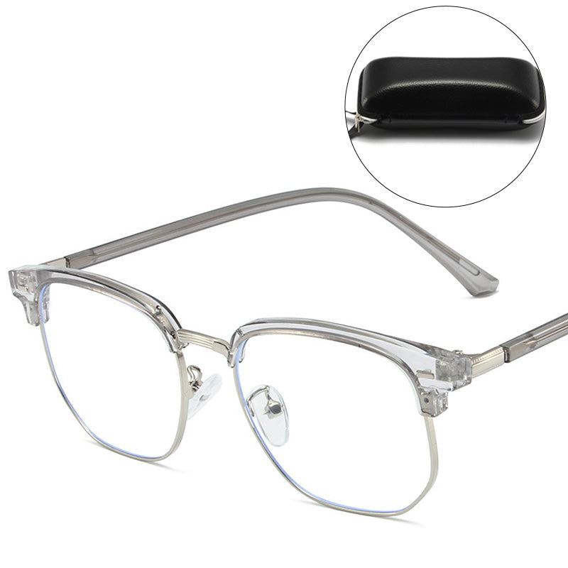 Vision care half-rim blue light blocking glasses with a sleek metal frame for digital screens.
