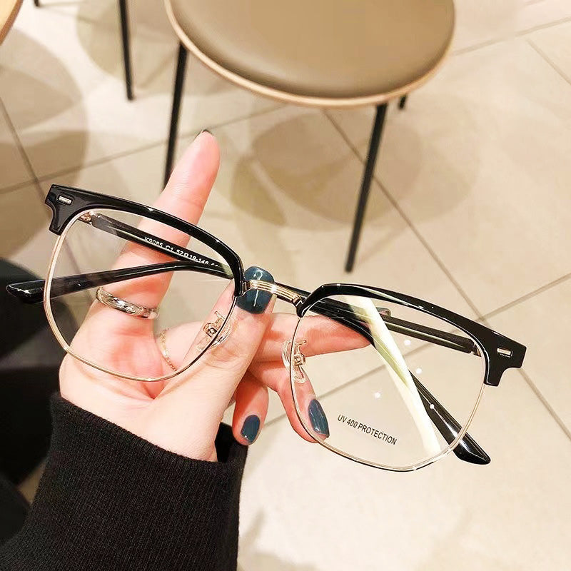 Anti-fatigue blue light half-rim computer glasses for men & women, protecting eyes from digital screens.