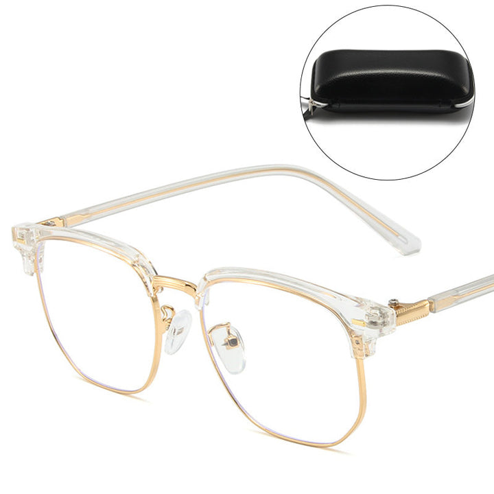Blue light blocking half-rim glasses, durable metal/PC frame, ideal screen protection & vision care.