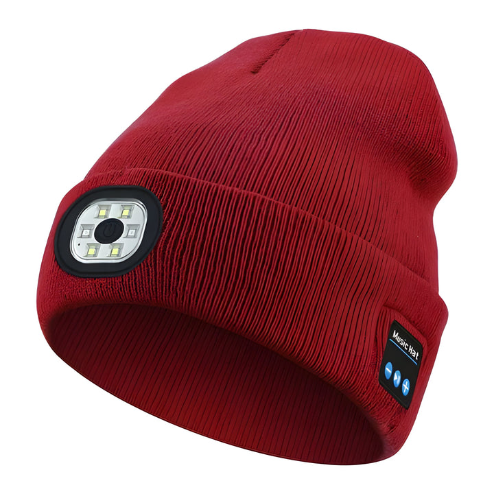 Unisex Bluetooth LED beanie hat with built-in wireless headphones and rechargeable light, perfect for winter.