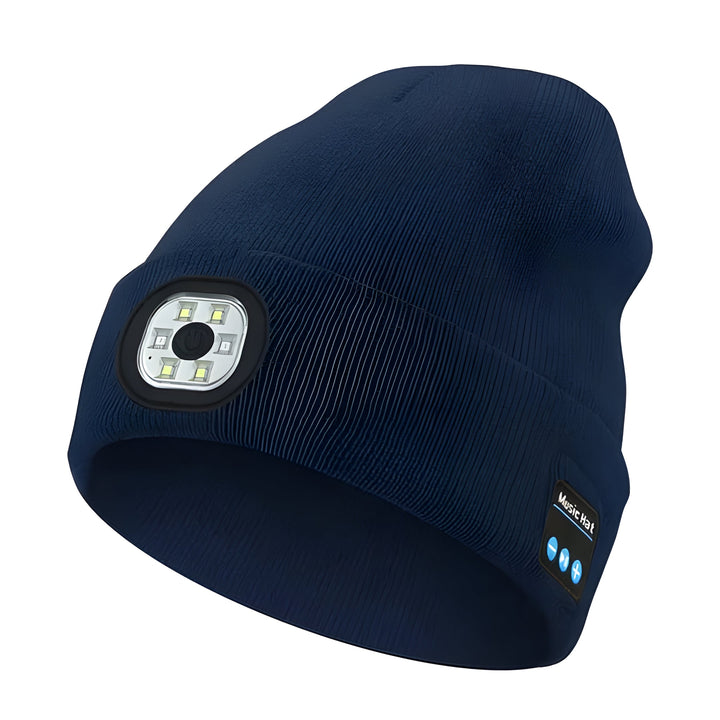 Close-up of a Bluetooth beanie hat with integrated wireless headphones, offering warm audio and hands-free calls.