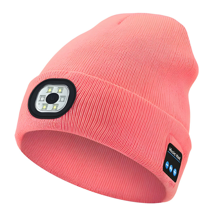 Stylish grey Bluetooth LED beanie hat, a versatile 3-in-1 outdoor gear with warm fabric and built-in light.