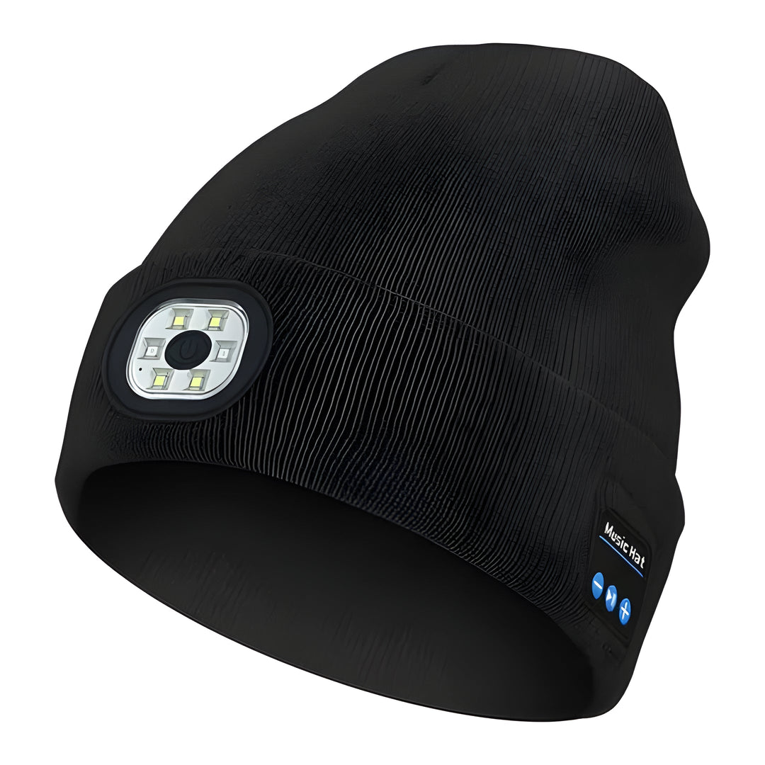 Rechargeable LED beanie providing hands-free light and wireless music, a must-have warm hat for any adventure.