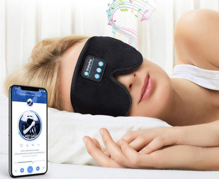 Adjustable Bluetooth music sleep mask with built-in headphones for meditation, travel & relaxation. Darkens eyes.