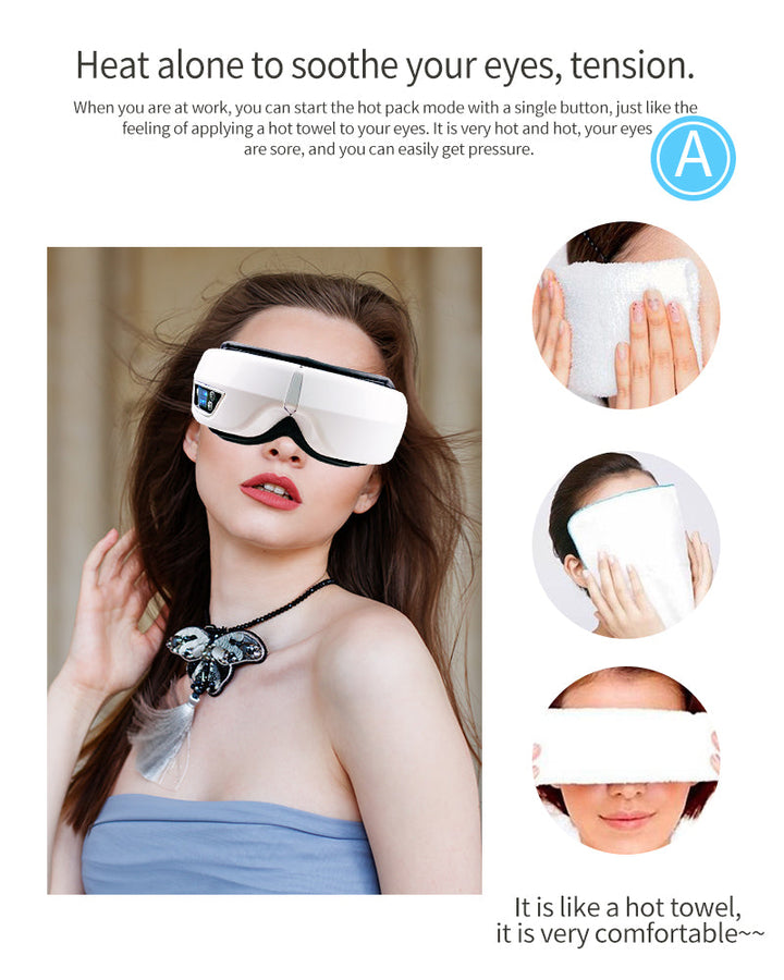 Therapeutic eye massager combining air compression, vibration, heat, and Bluetooth audio