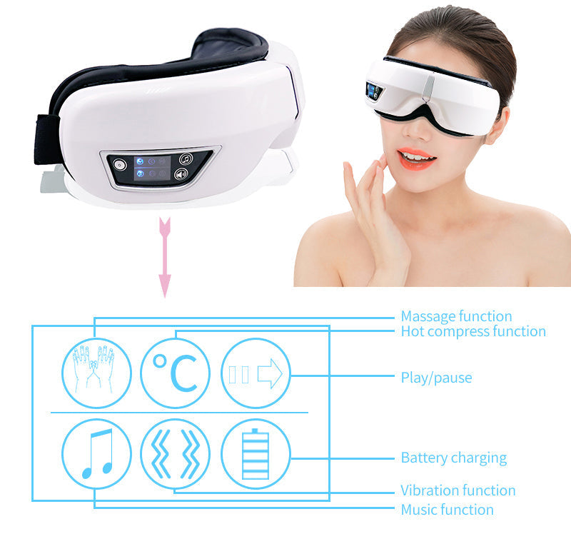 Detailed view of the warm compression eye massager's controls for air pressure and vibration