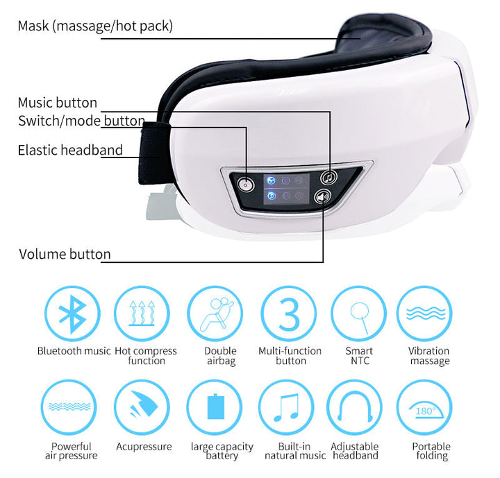Unisex eye massager with built-in Bluetooth speaker, perfect for meditation and relaxation