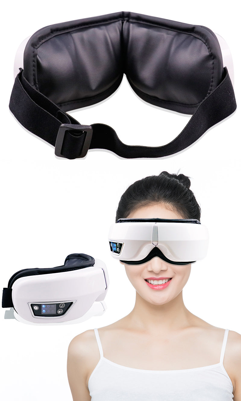 The warm compression eye massager in use, soothing tired eyes and reducing puffiness