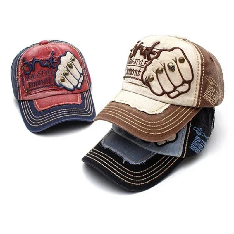 Unisex bold denim baseball cap with embroidered fist motif and metal studs, perfect for rebel style.