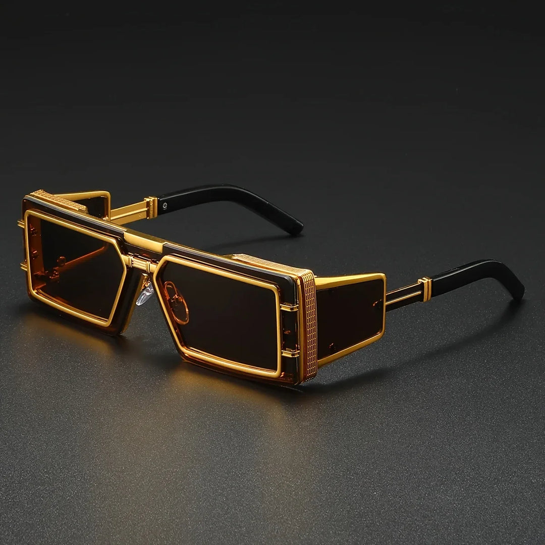 Unisex geometric sunglasses with gold detail, offering bold fashion style & UV400 eye protection.