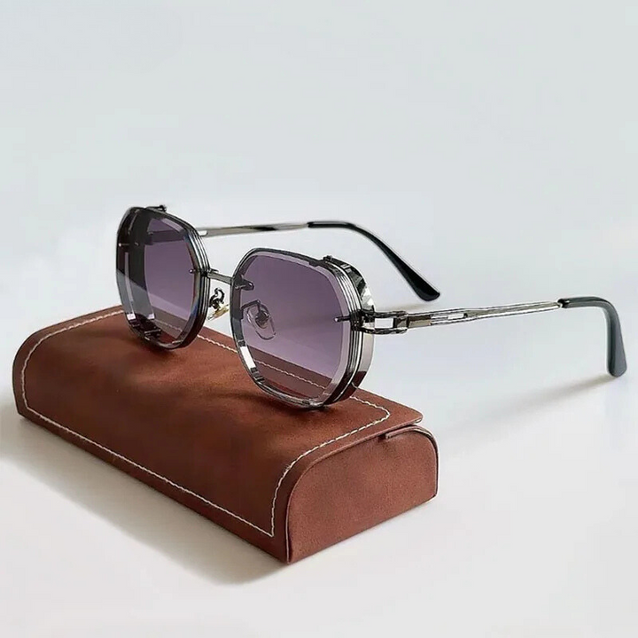 Close-up of bold geometric UV400 sunglasses. Unisex design, protective eyewear for trendy fashion & sun protection.