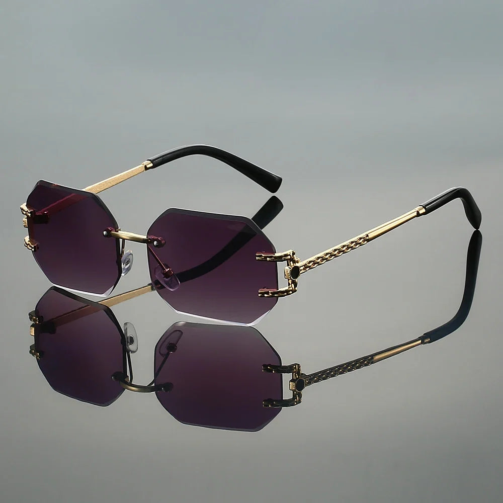 Close-up of bold gold geometric sunglasses. Unisex design with UV400 protection for ultimate eye safety.