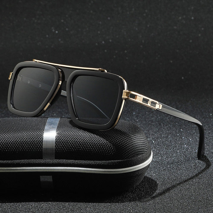 Unisex Monarc sunglasses featuring squared frames, reflective lenses, metal accents, & essential UV protection.