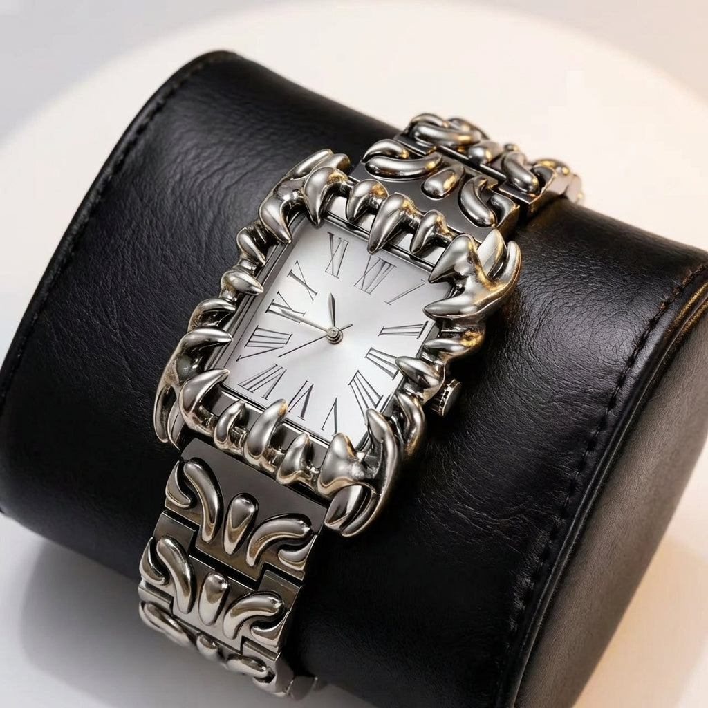 Unisex bold quartz wristwatch with unique irregular Roman dial. Modern fashion timepiece accessory.