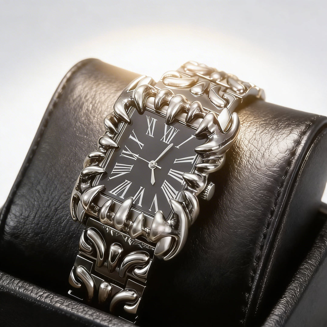 Fashionable unisex bold quartz wristwatch on a wrist, showcasing its modern irregular Roman dial design.