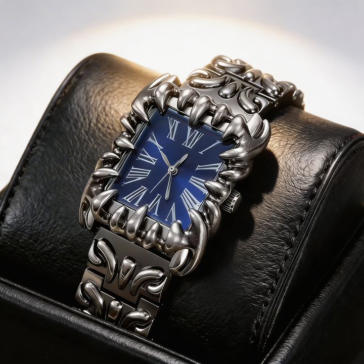 Side view of a sleek quartz wristwatch, highlighting its bold case and unique irregular Roman dial.