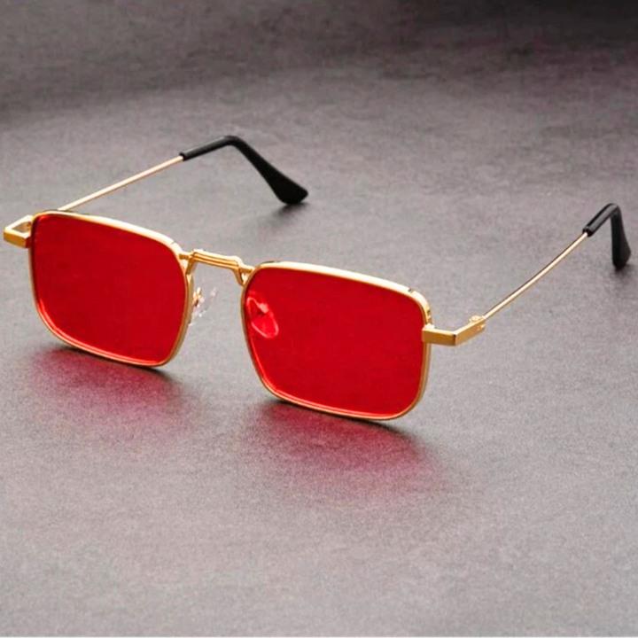 Bold rectangular unisex sunglasses, fashionable eyewear with sleek metal frame.
