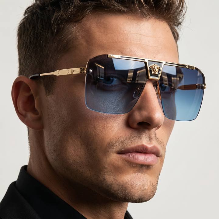 Unisex bold rectangular UV protection sunglasses, modern frameless eyewear.