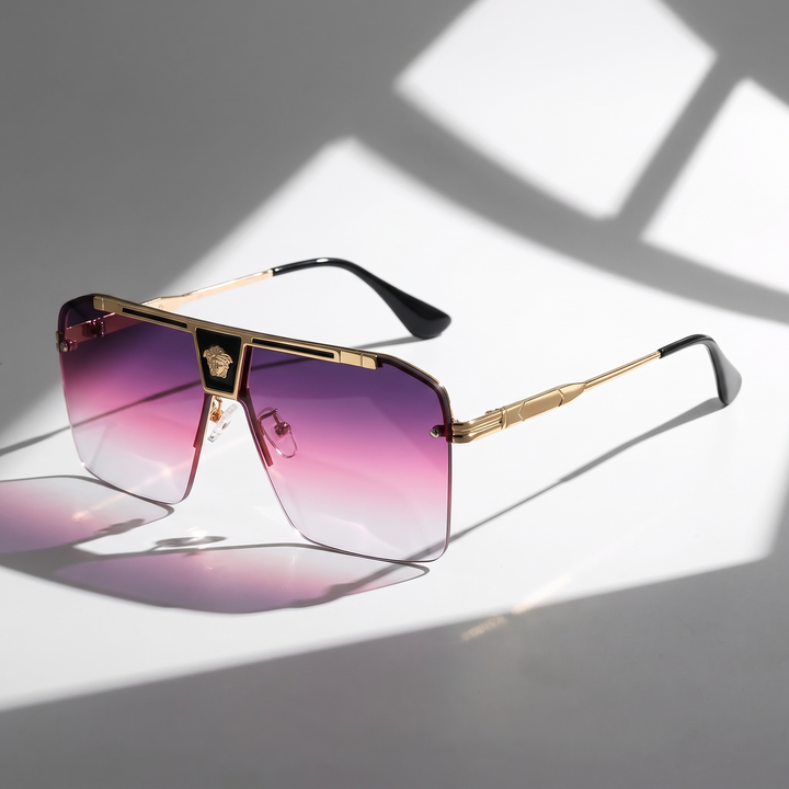 Contemporary bold rectangular sunglasses, a frameless unisex eyewear design with UV protection.