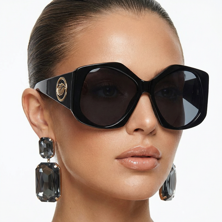 Close-up of stylish rhombus sunglasses. Unisex bold frames for a contemporary, fashion-forward look.