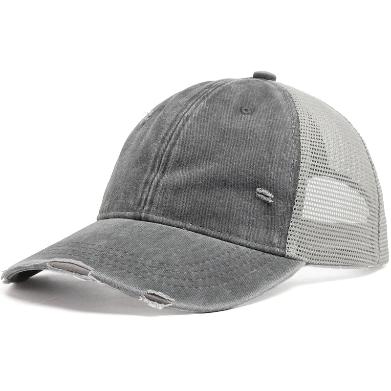 Lightweight and breathable mesh cap for ponytails, offering sun protection & an adjustable, comfortable fit.