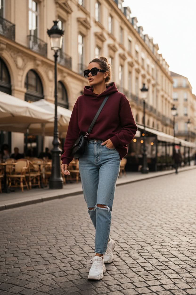 Model wears a comfortable unisex hooded sweatshirt, ideal for casual wear, athleisure, or everyday outfits.