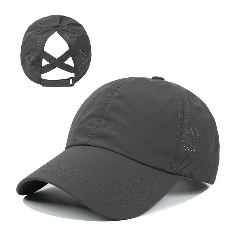 Lightweight grey breathable mesh running cap. Unisex adjustable fit for summer sports & activewear, quick-dry.