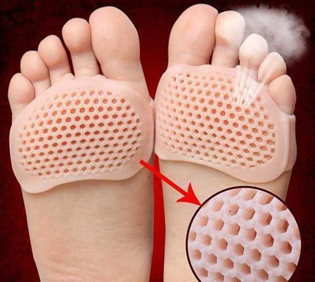Unisex breathable metatarsal pads (2-pack) for forefoot pain relief & athletic support. Soft gel shoe inserts.