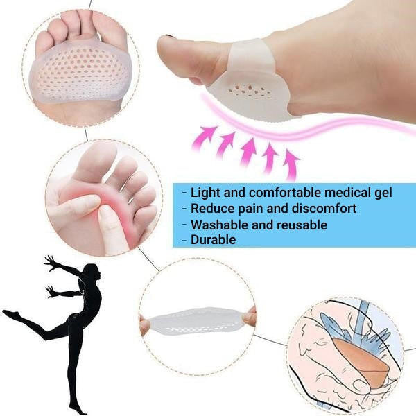 Set of 2 unisex breathable metatarsal pads displayed, ready for foot pain relief & forefoot support.